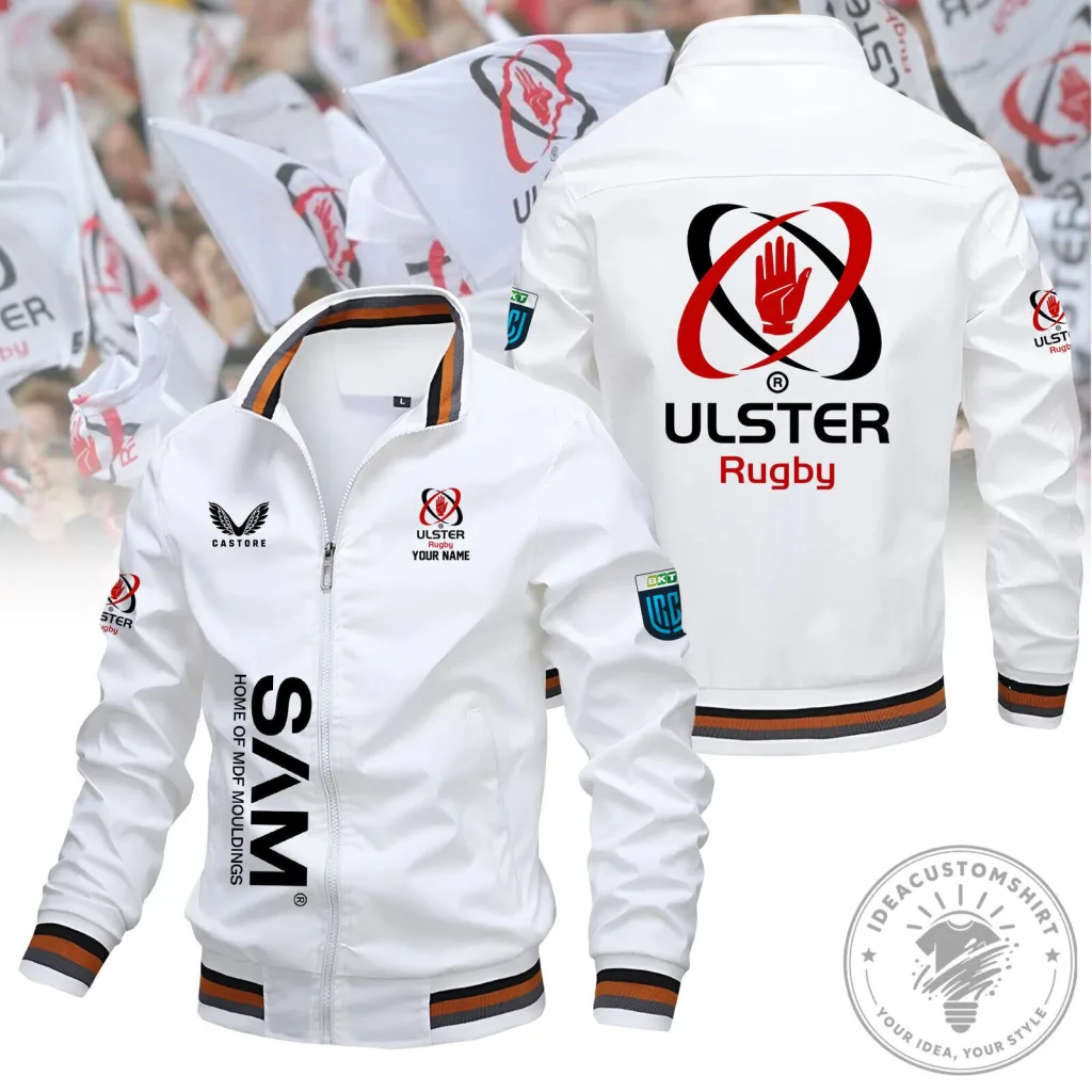 Ulster Rugby White Bomber Jacket with Castore and BKT Logos Ulster Rugby White Bomber Jacket with Castore and BKT Logos