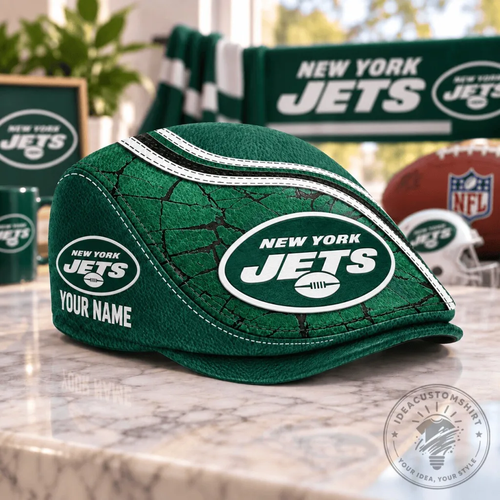 New York Jets Personalized Golf Flat Cap, Custom Name NFL Football Team Hat New York Jets Personalized Golf Flat Cap, Custom Name NFL Football Team Hat