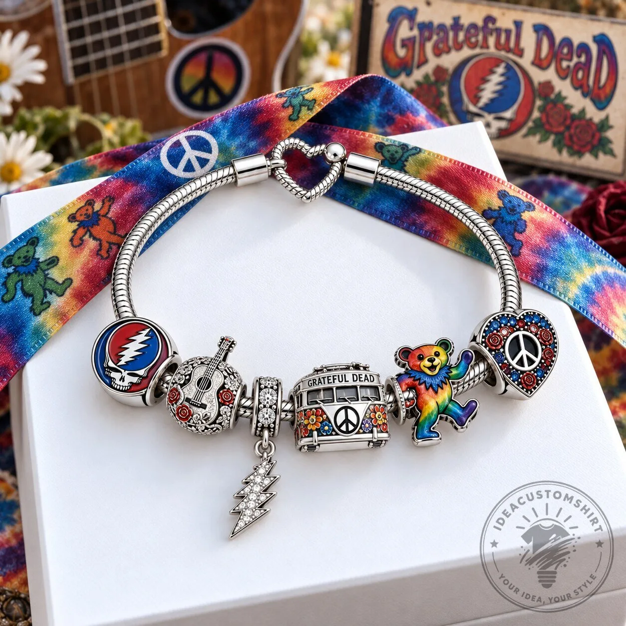 Grateful Dead Dancing Bear Charm Bracelet with Steal Your Face Logo