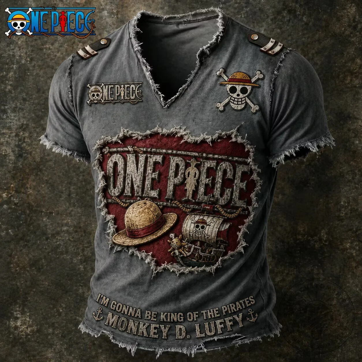 One Piece Anime King of Pirates Monkey D. Luffy Distressed T-Shirt