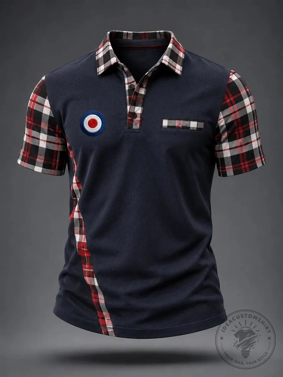 Mod Target Plaid Patchwork Polo Shirt for Men, British Style Short Sleeve