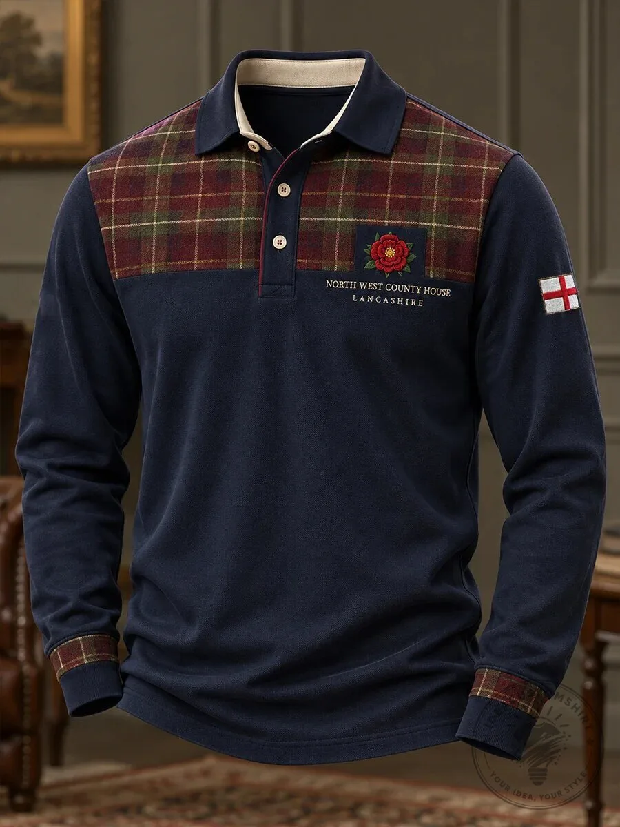 Lancashire Red Rose Plaid Long Sleeve Polo Shirt for Men