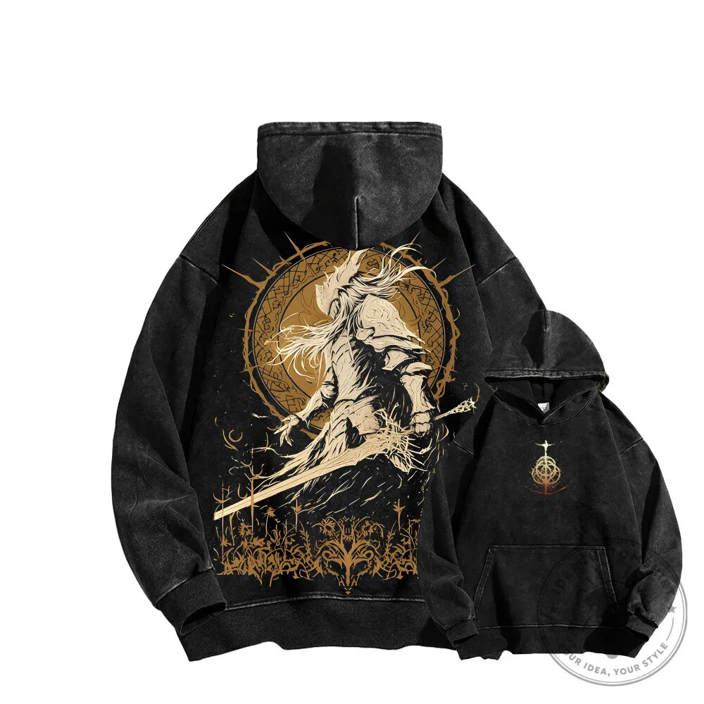 Elden Ring Video Game Tarnished Warrior Washed Black Hoodie Sweatshirt