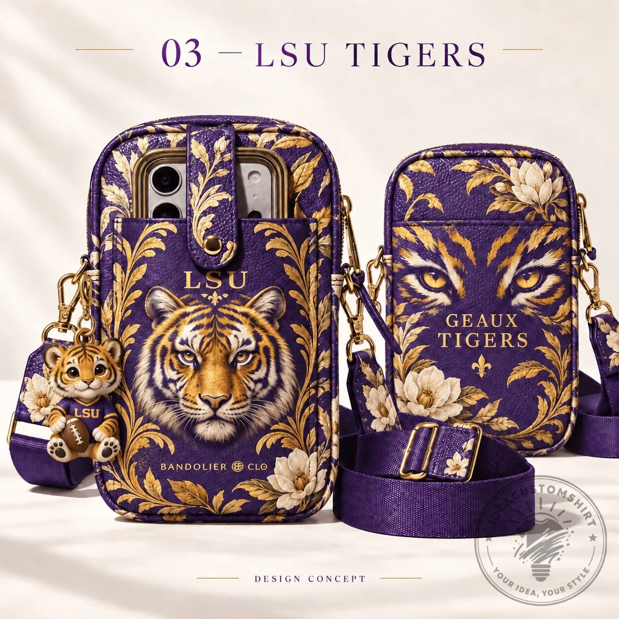 Crossbody Phone Case Bag with Keychain in Purple Floral Pattern for LSU Tigers