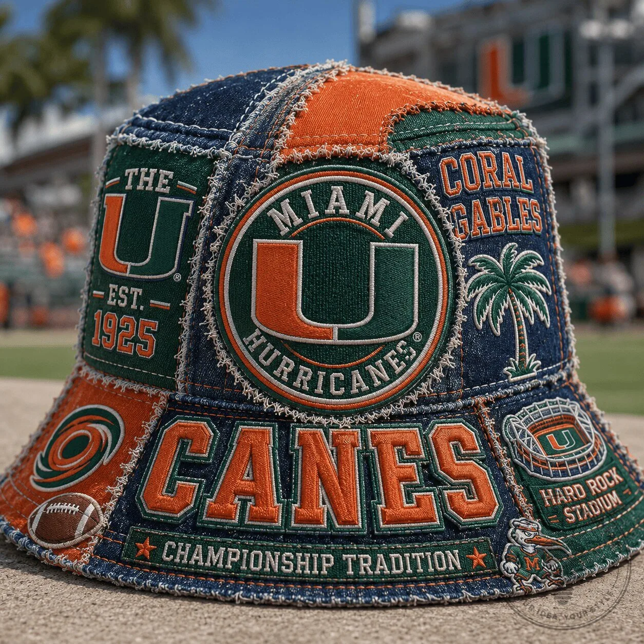 Miami Hurricanes Patchwork Bucket Hat, Championship Tradition, Hard Rock Stadium 1 Miami Hurricanes Patchwork Bucket Hat, Championship Tradition, Hard Rock Stadium