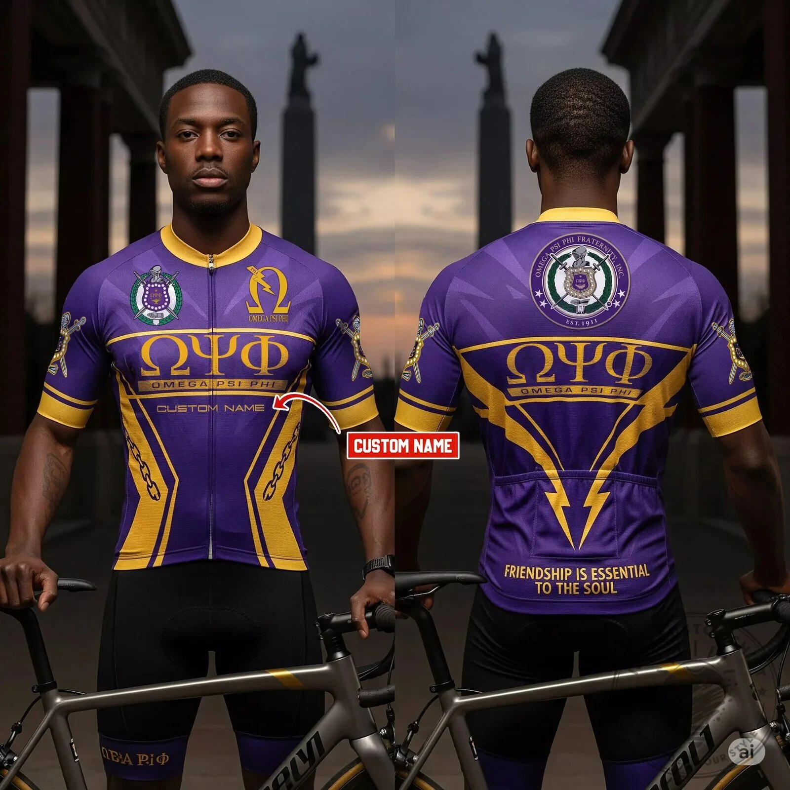 Omega Psi Phi Fraternity Cycling Jersey Purple Gold Custom Name