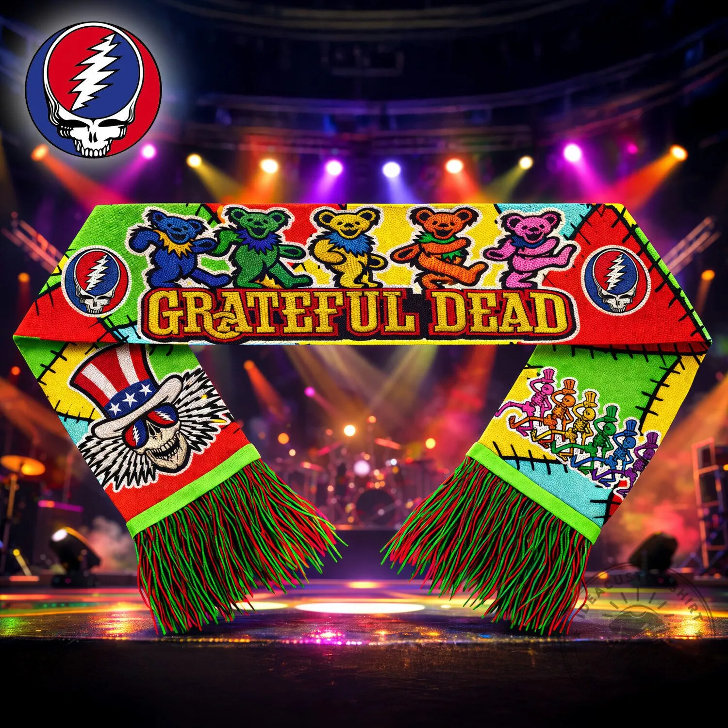 Grateful Dead Dancing Bears and Steal Your Face Skull Scarf with Fringe
