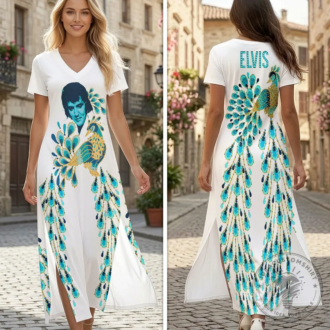 Elvis Presley Peacock Feather Design White Maxi Dress 1 Elvis Presley Peacock Feather Design White Maxi Dress