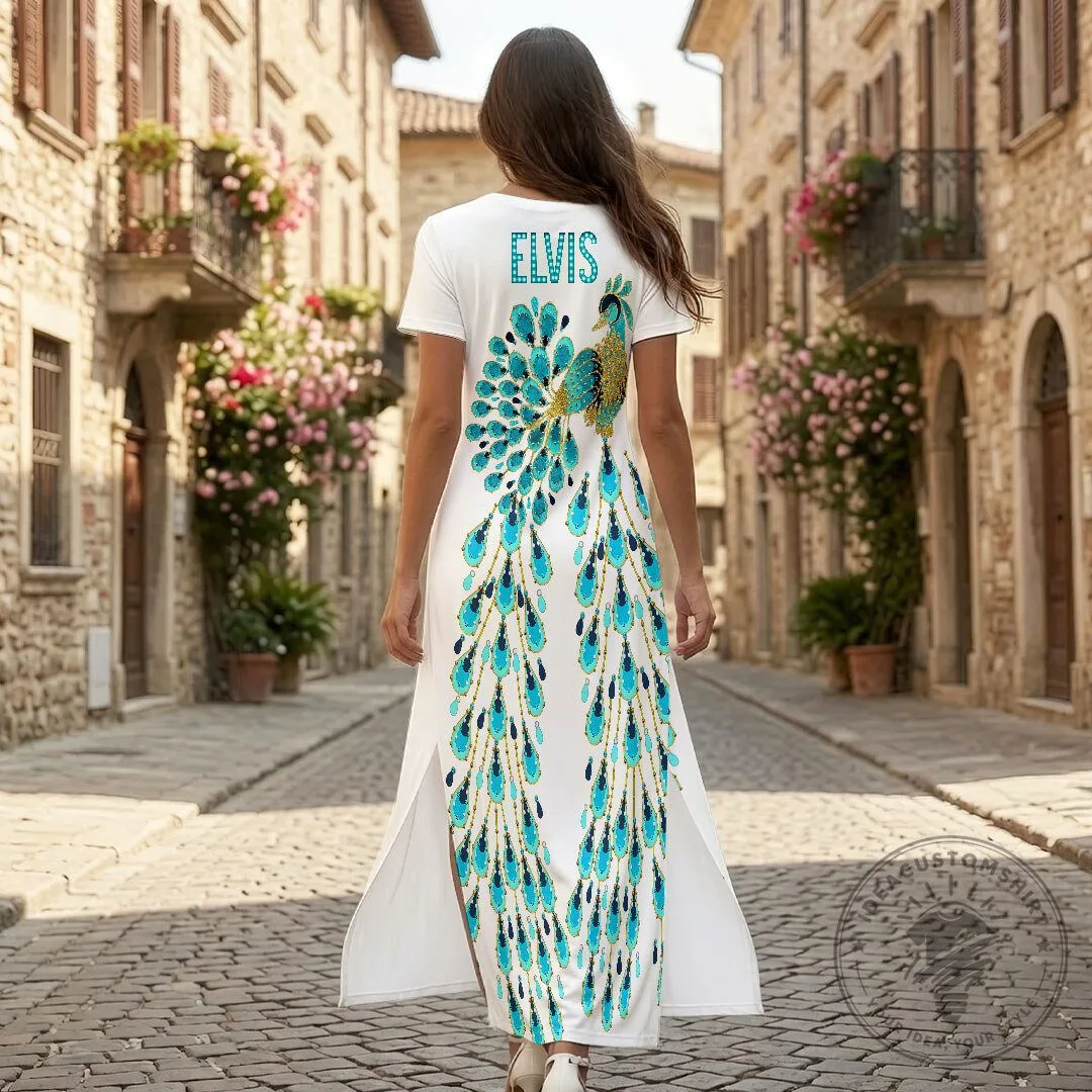 Elvis Presley Peacock Feather Design White Maxi Dress 9 Elvis Presley Peacock Feather Design White Maxi Dress