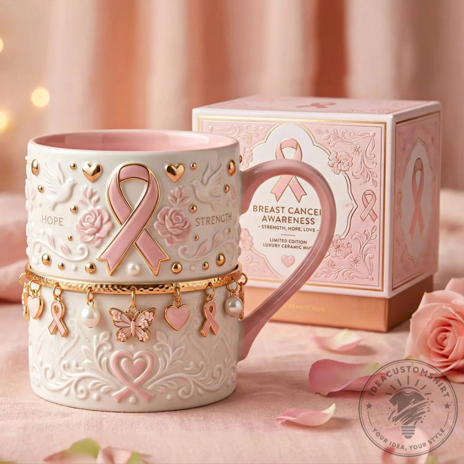 Breast Cancer Awareness Hope Strength Love Ceramic Mug with Charm Bracelet