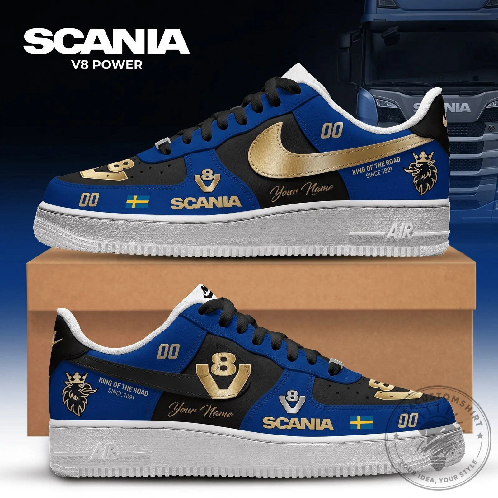 Scania V8 Power King of the Road Personalized Blue and Black Sneakers