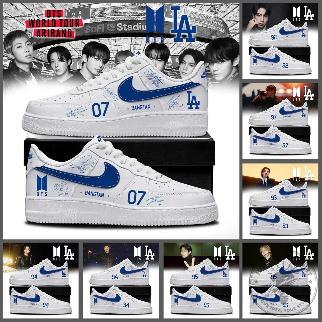 BTS Bangtan Boys World Tour Arirang Los Angeles Dodgers Air Force One Shoes BTS Bangtan Boys World Tour Arirang Los Angeles Dodgers Air Force One Shoes