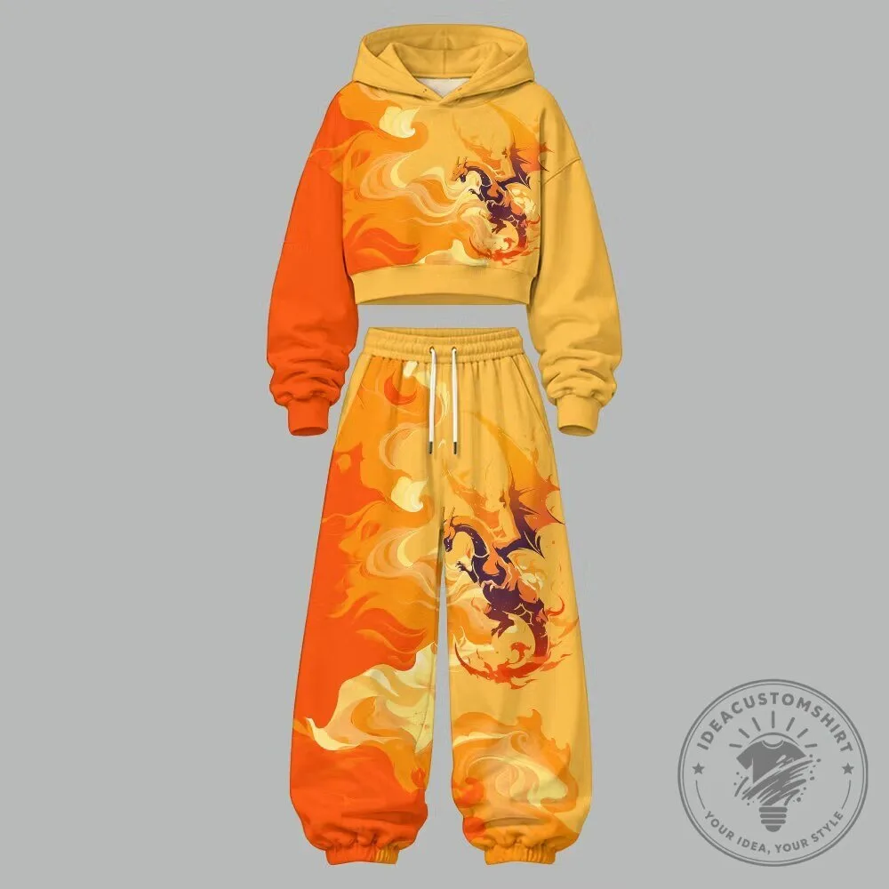 Fiery Dragon Cropped Hoodie and High Waist Jogger Pants Two Piece Tracksuit Set