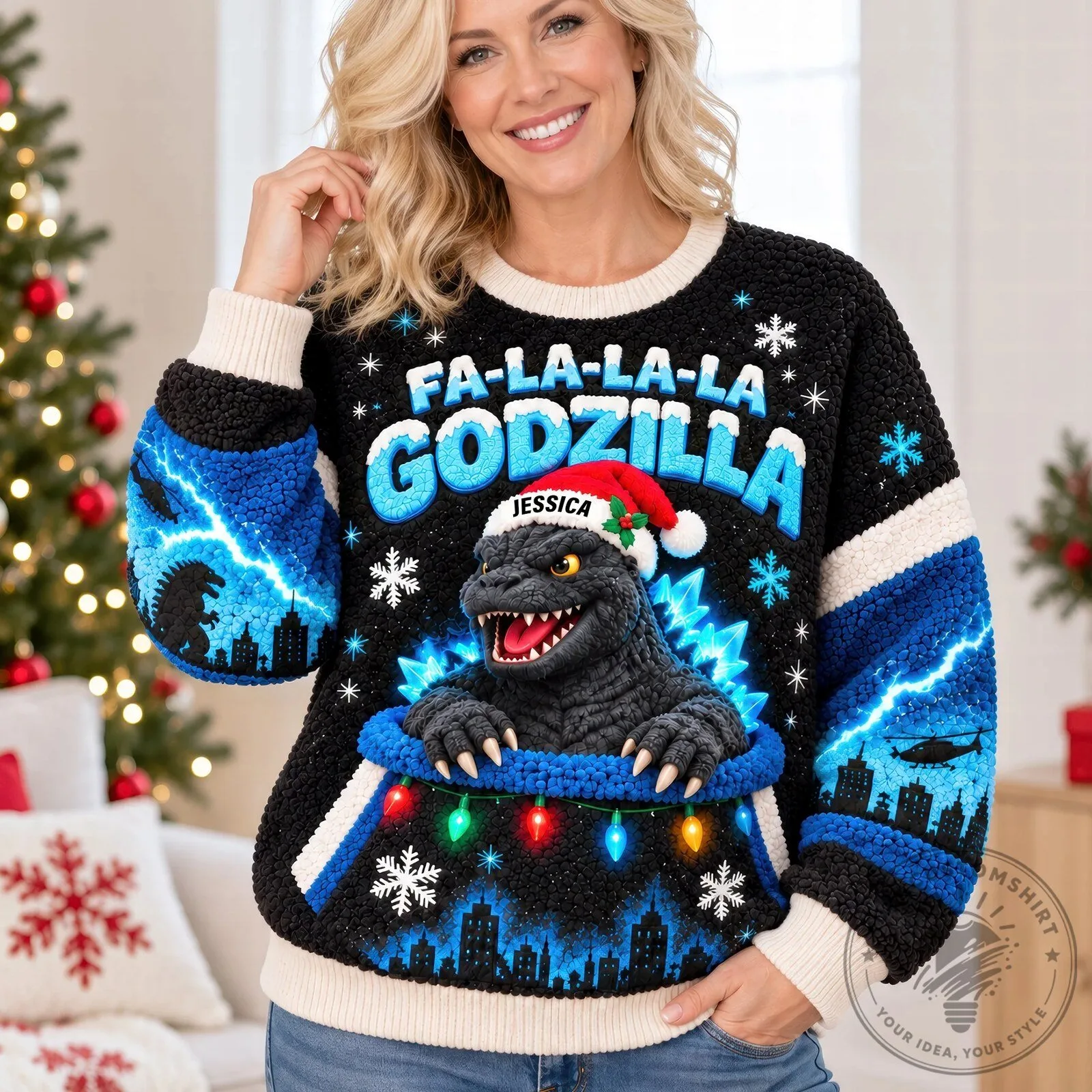 Fa-La-La-La Godzilla Christmas Holiday Personalized Ugly Sweater