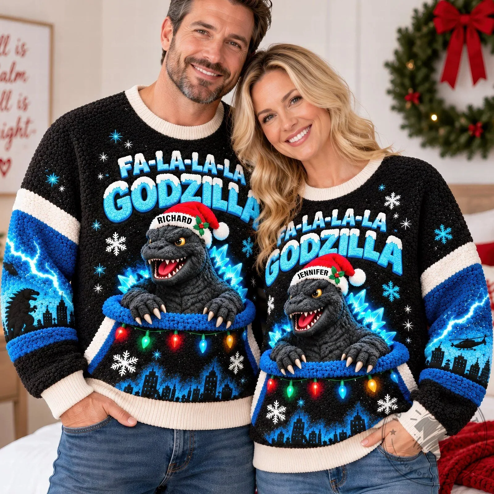 Fa-La-La-La Godzilla Christmas Holiday Personalized Ugly Sweater 11 Fa-La-La-La Godzilla Christmas Holiday Personalized Ugly Sweater