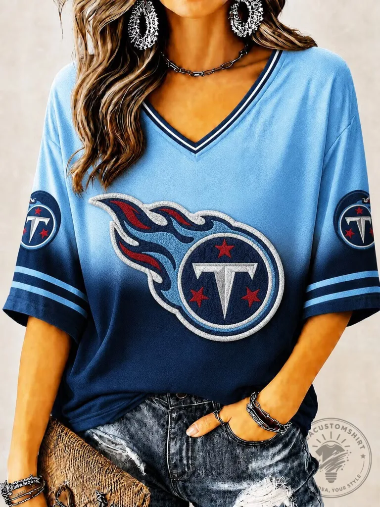 Tennessee Titans Football Team Logo Gradient Blue Women's V-Neck T-Shirt 15 Tennessee Titans Football Team Logo Gradient Blue Women's V-Neck T-Shirt