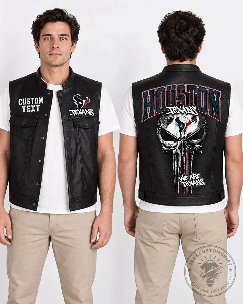 Houston Texans Punisher Skull Custom Text Faux Leather Vest 2 Houston Texans Punisher Skull Custom Text Faux Leather Vest