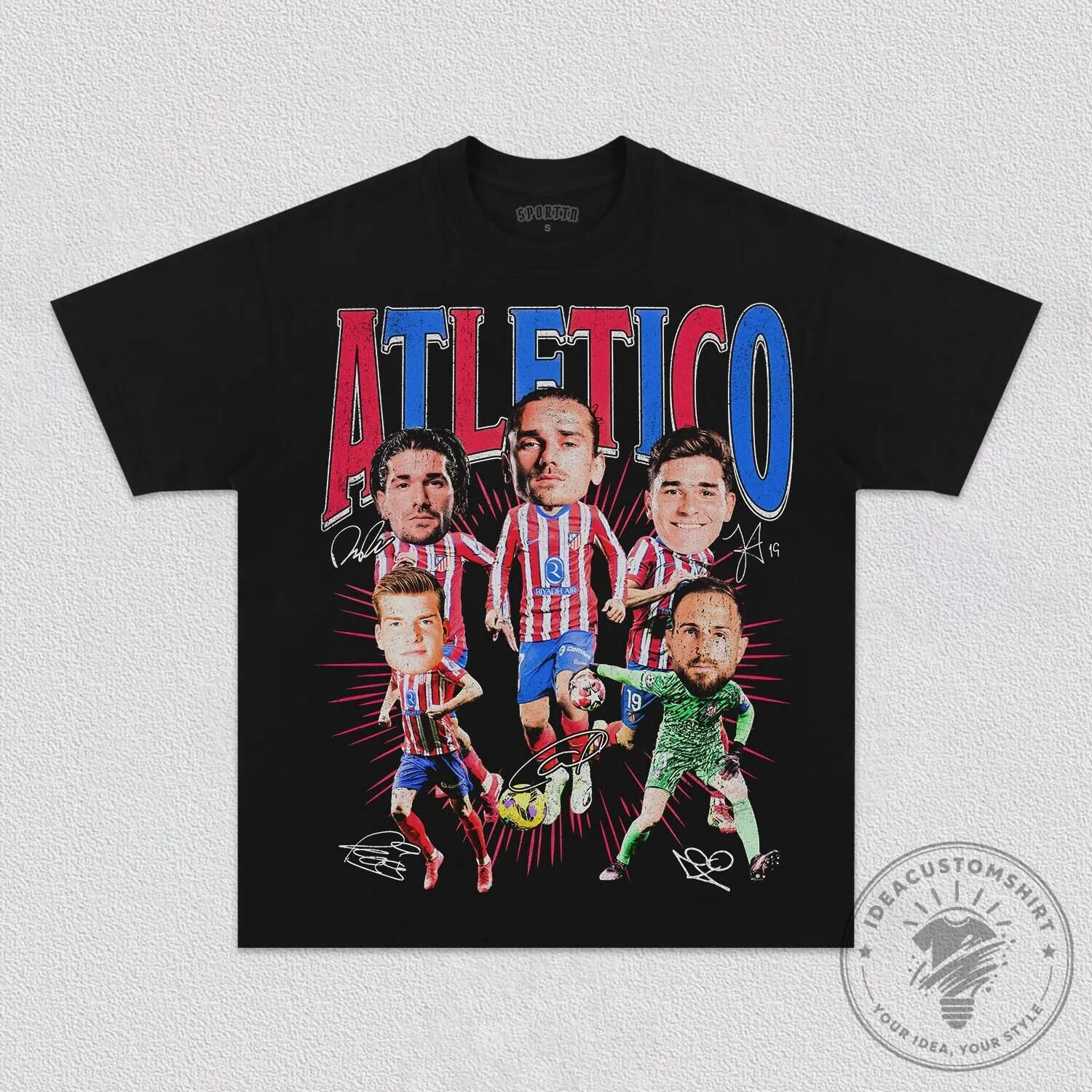 Atletico Madrid Football Club Caricature Players Black Graphic T-Shirt