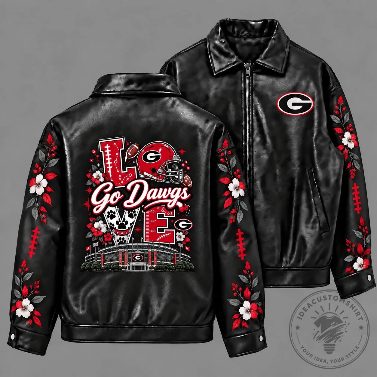 Georgia Bulldogs Football Love Floral Black Leather Jacket