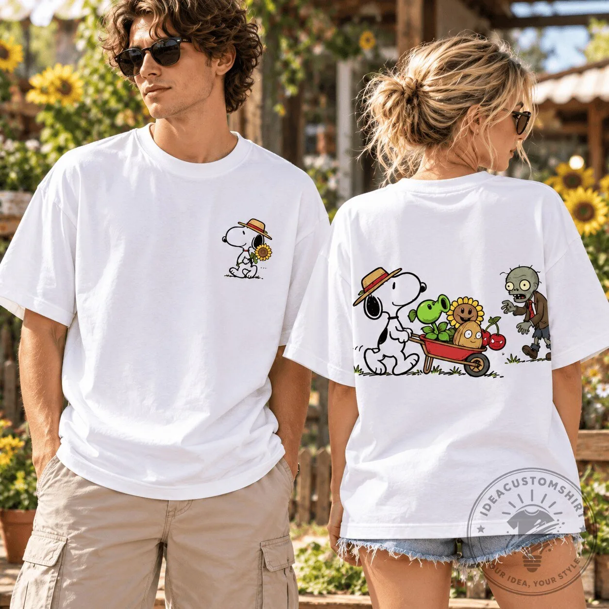 Snoopy Plants vs Zombies Garden Adventure Cartoon Graphic T-Shirt