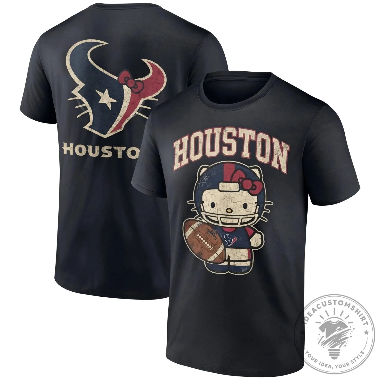 Houston Texans Hello Kitty Football Distressed Graphic Black T-Shirt