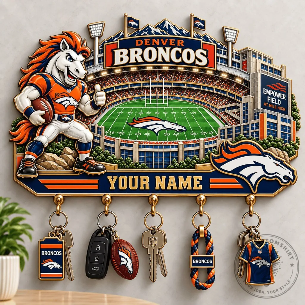 Denver Broncos NFL Football Stadium Wall Key Holder with Custom Name Denver Broncos NFL Football Stadium Wall Key Holder with Custom Name
