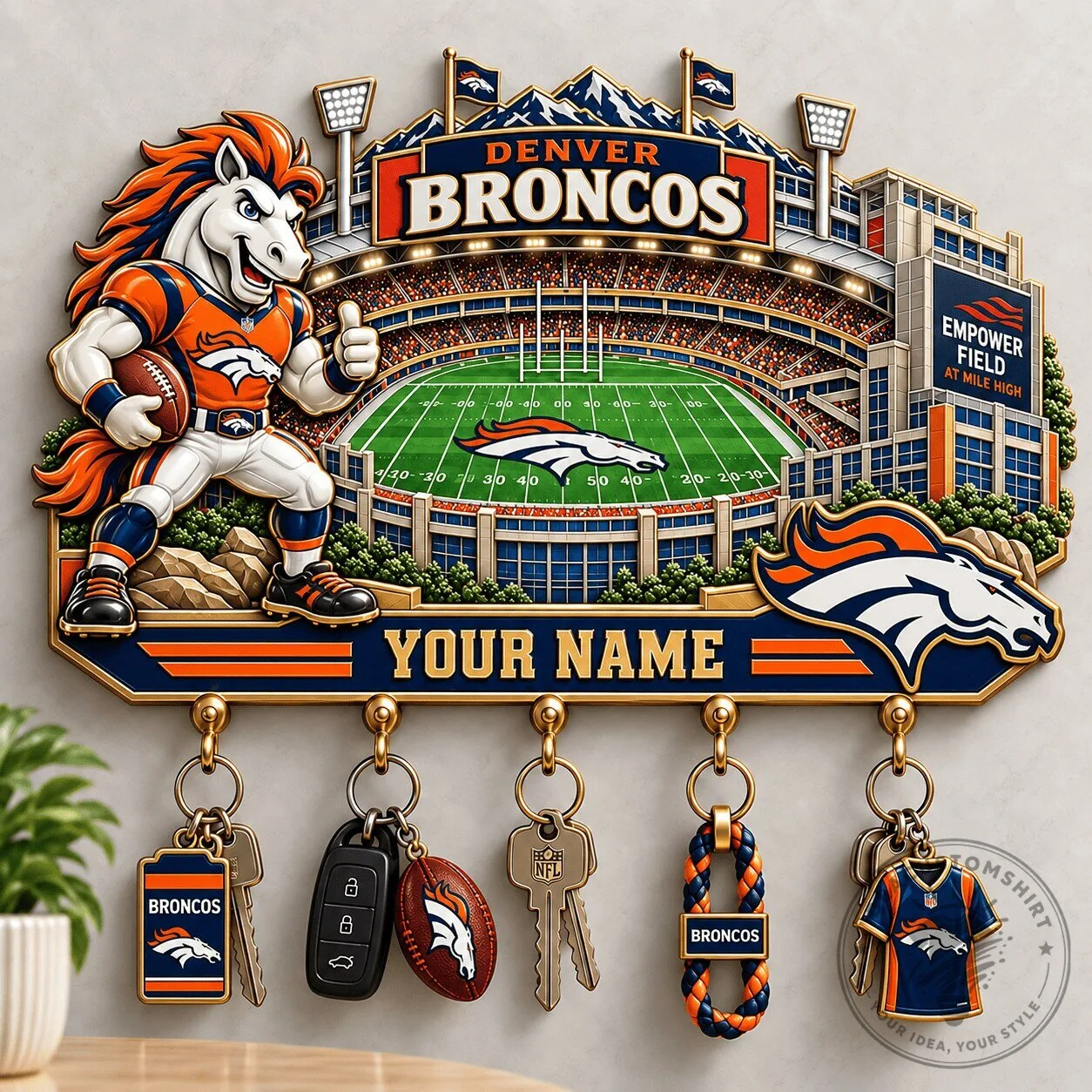 Denver Broncos NFL Football Stadium Wall Key Holder with Custom Name