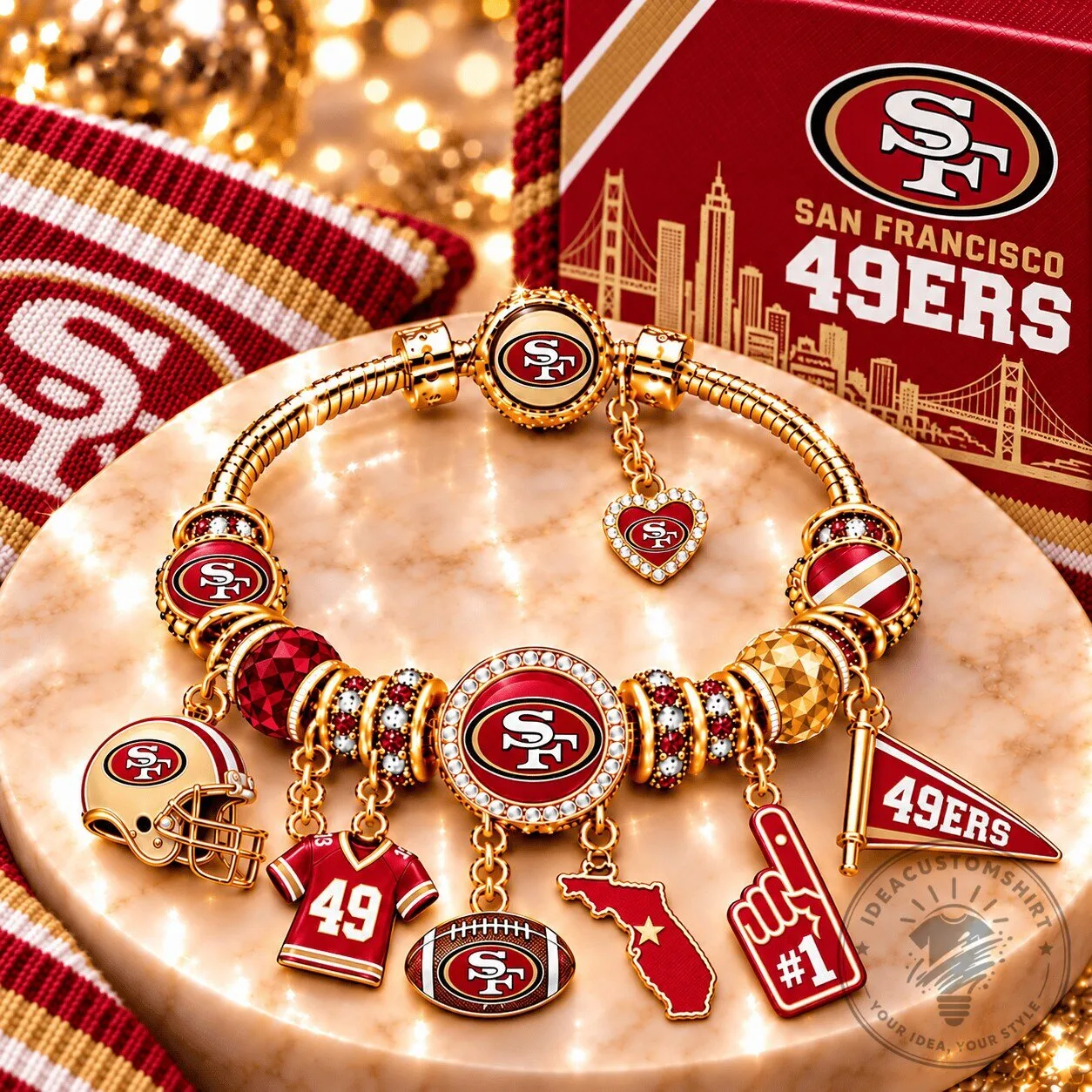San Francisco 49ers Gold Charm Bracelet with Football Helmet and Jersey Charms 5 San Francisco 49ers Gold Charm Bracelet with Football Helmet and Jersey Charms