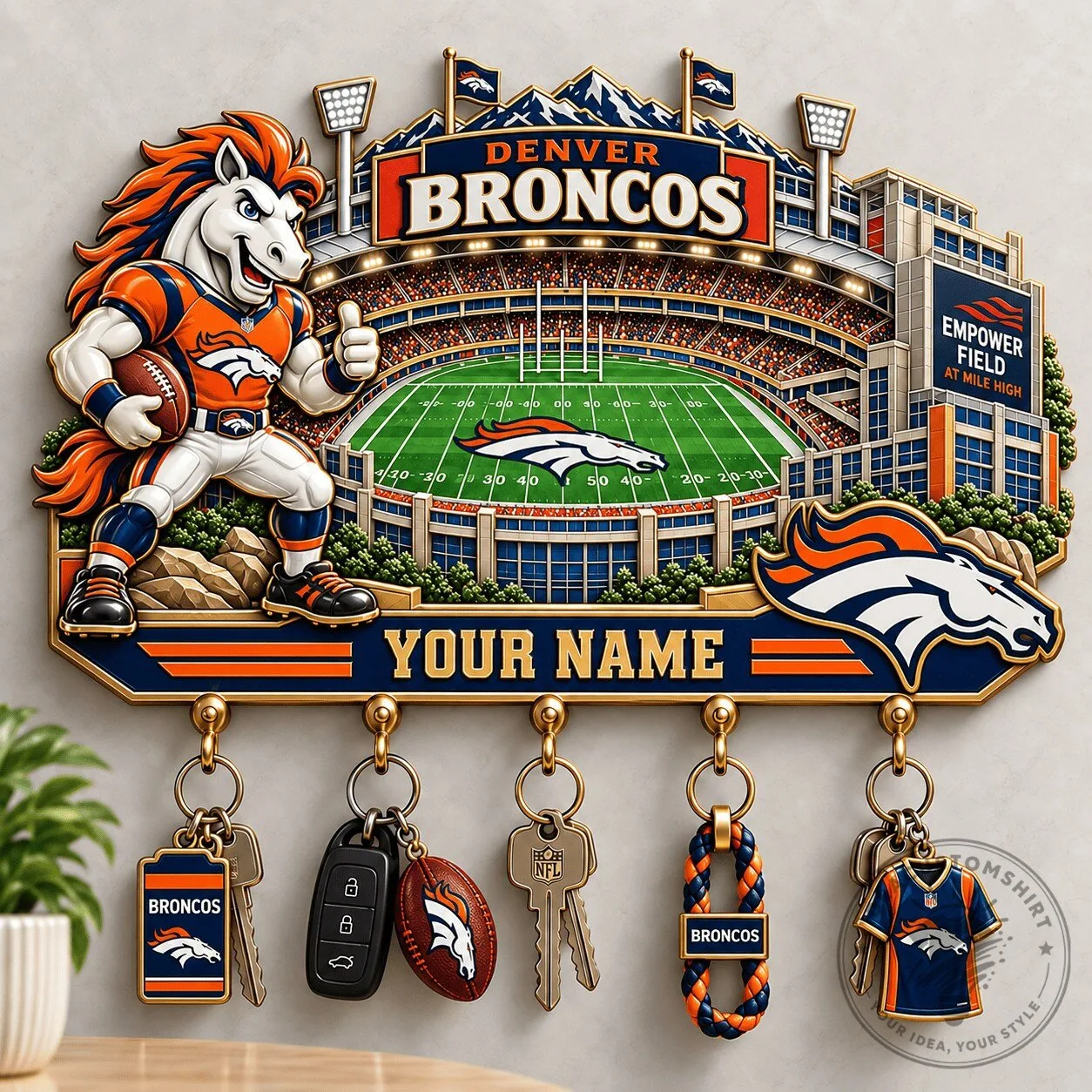 Denver Broncos NFL Football Stadium Wall Key Holder with Custom Name