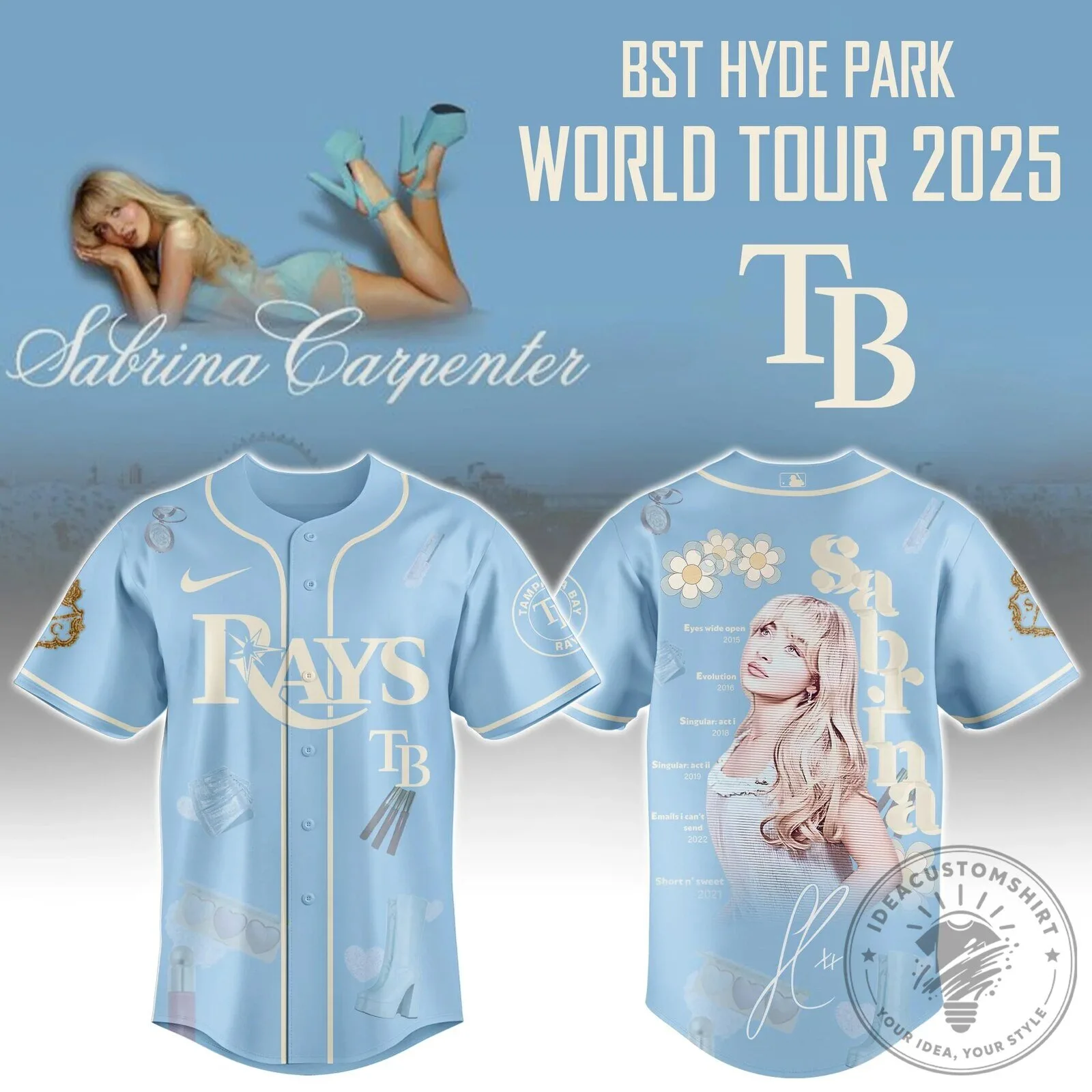 Sabrina Carpenter Tampa Bay Rays Short N Sweet Tour Baseball Jersey 5 Sabrina Carpenter Tampa Bay Rays Short N Sweet Tour Baseball Jersey