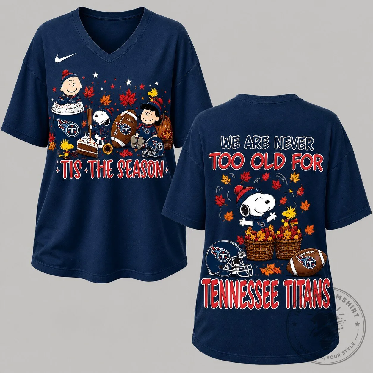 Tennessee Titans Football Snoopy Autumn Leaves V-Neck T-Shirt