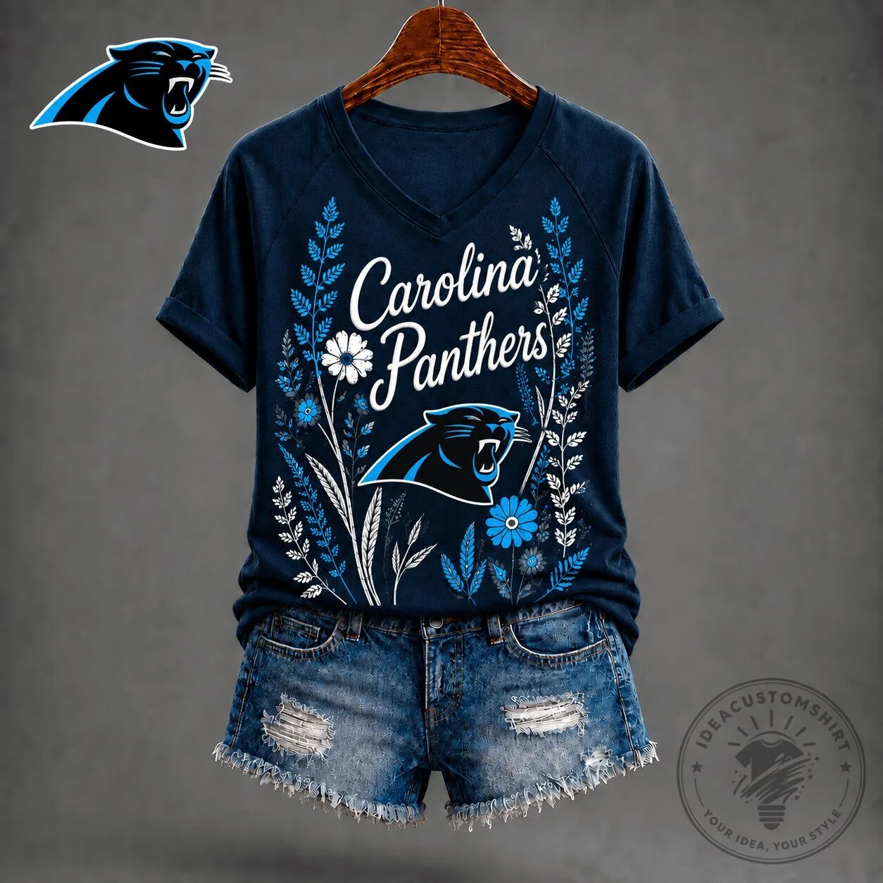 Carolina Panthers Floral Logo Women's V-Neck T-Shirt