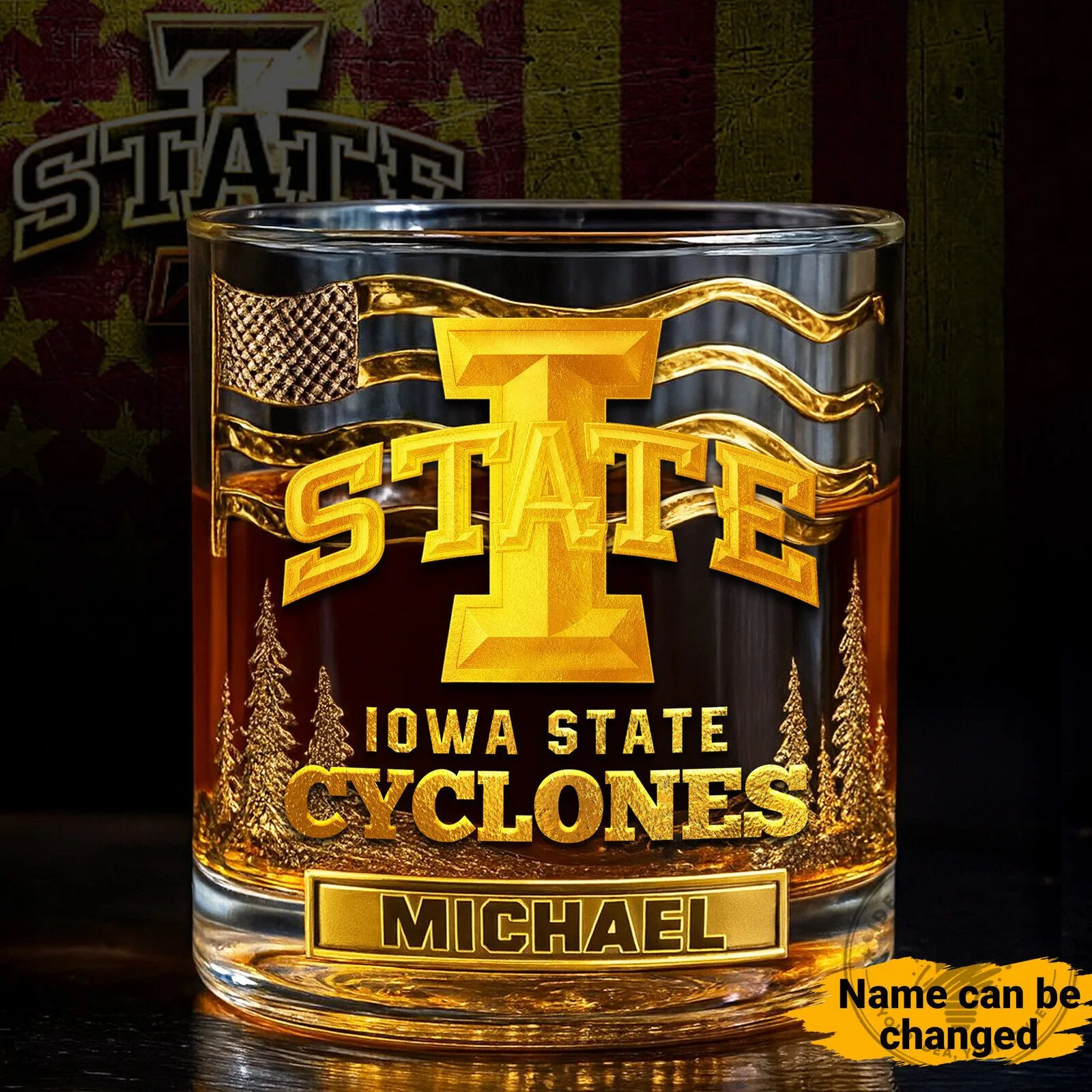 Iowa State Cyclones Personalized Whiskey Glass with Name and Team Logo