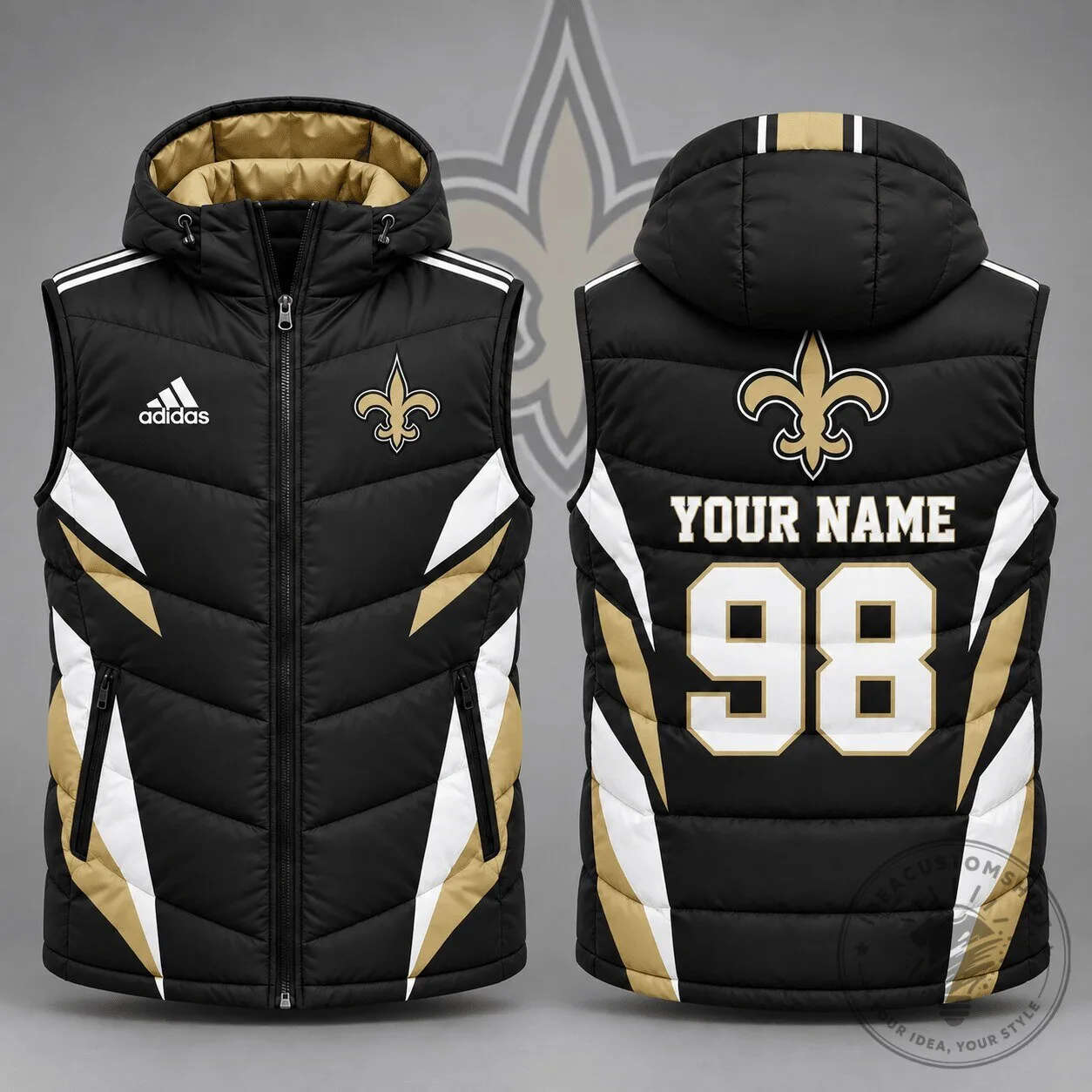 New Orleans Saints Personalized Black and Gold Puffer Vest