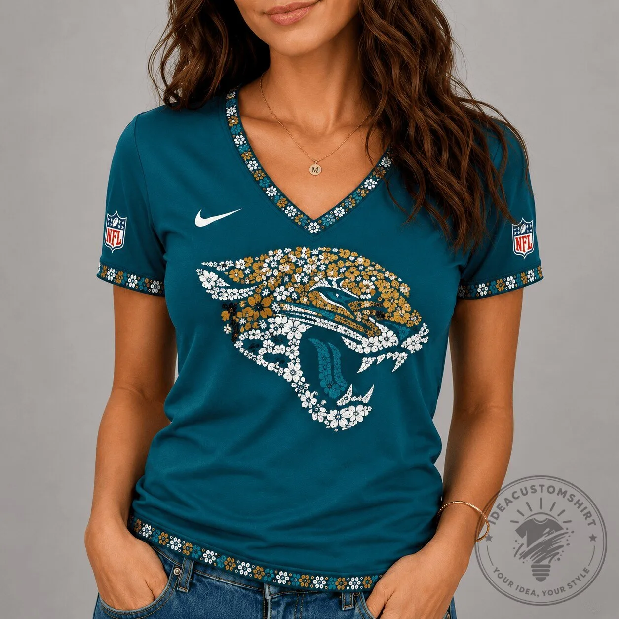 Jacksonville Jaguars Floral Logo V-Neck Short Sleeve Women's T-Shirt
