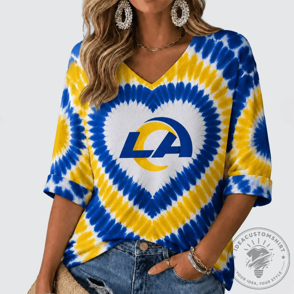 Los Angeles Rams Heart Tie Dye V-Neck Long Sleeve Shirt Los Angeles Rams Heart Tie Dye V-Neck Long Sleeve Shirt