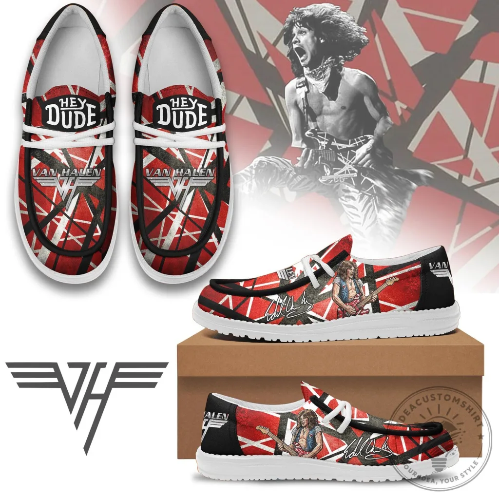 Van Halen Red and Black Striped Pattern Eddie Van Halen Hey Dude Shoes Van Halen Red and Black Striped Pattern Eddie Van Halen Hey Dude Shoes