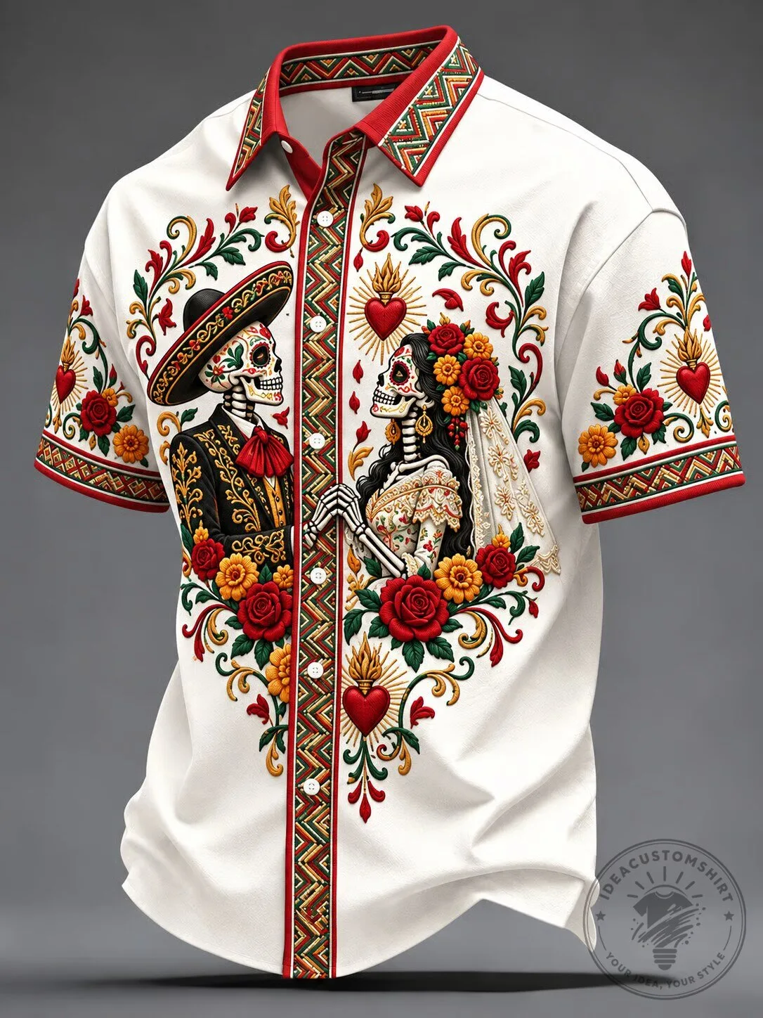 Day of the Dead Skeleton Couple Floral White Button Down Hawaiian Shirt
