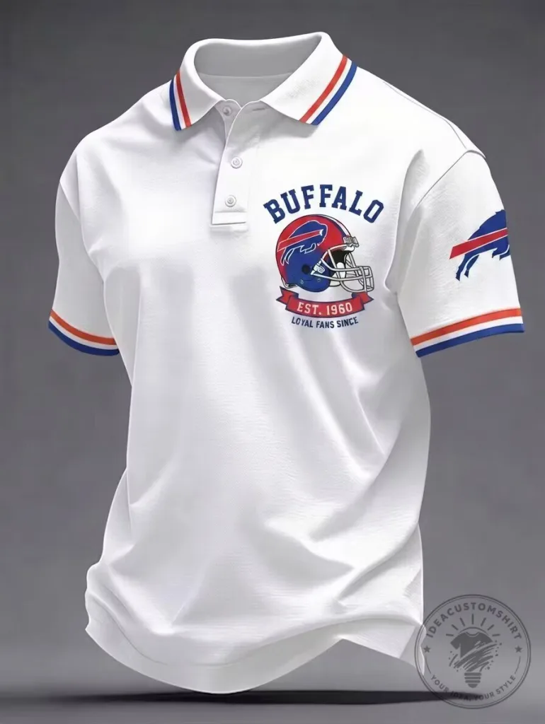 Buffalo Bills Fan Apparel Polo Shirt with Embroidered Logo and Striped Cuffs 1 Buffalo Bills Fan Apparel Polo Shirt with Embroidered Logo and Striped Cuffs