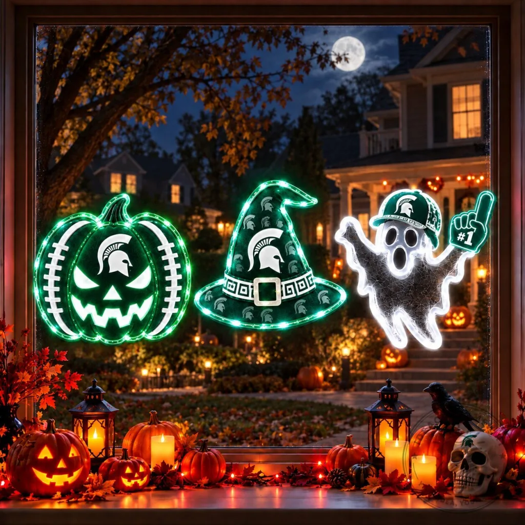 Michigan State Spartans Halloween Jack-O'-Lantern Ghost Witch Hat Window Lights Michigan State Spartans Halloween Jack-O'-Lantern Ghost Witch Hat Window Lights