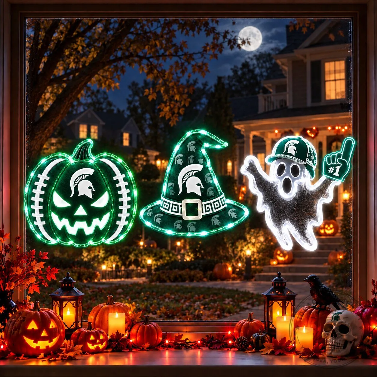 Michigan State Spartans Halloween Jack-O'-Lantern Ghost Witch Hat Window Lights 2 Michigan State Spartans Halloween Jack-O'-Lantern Ghost Witch Hat Window Lights