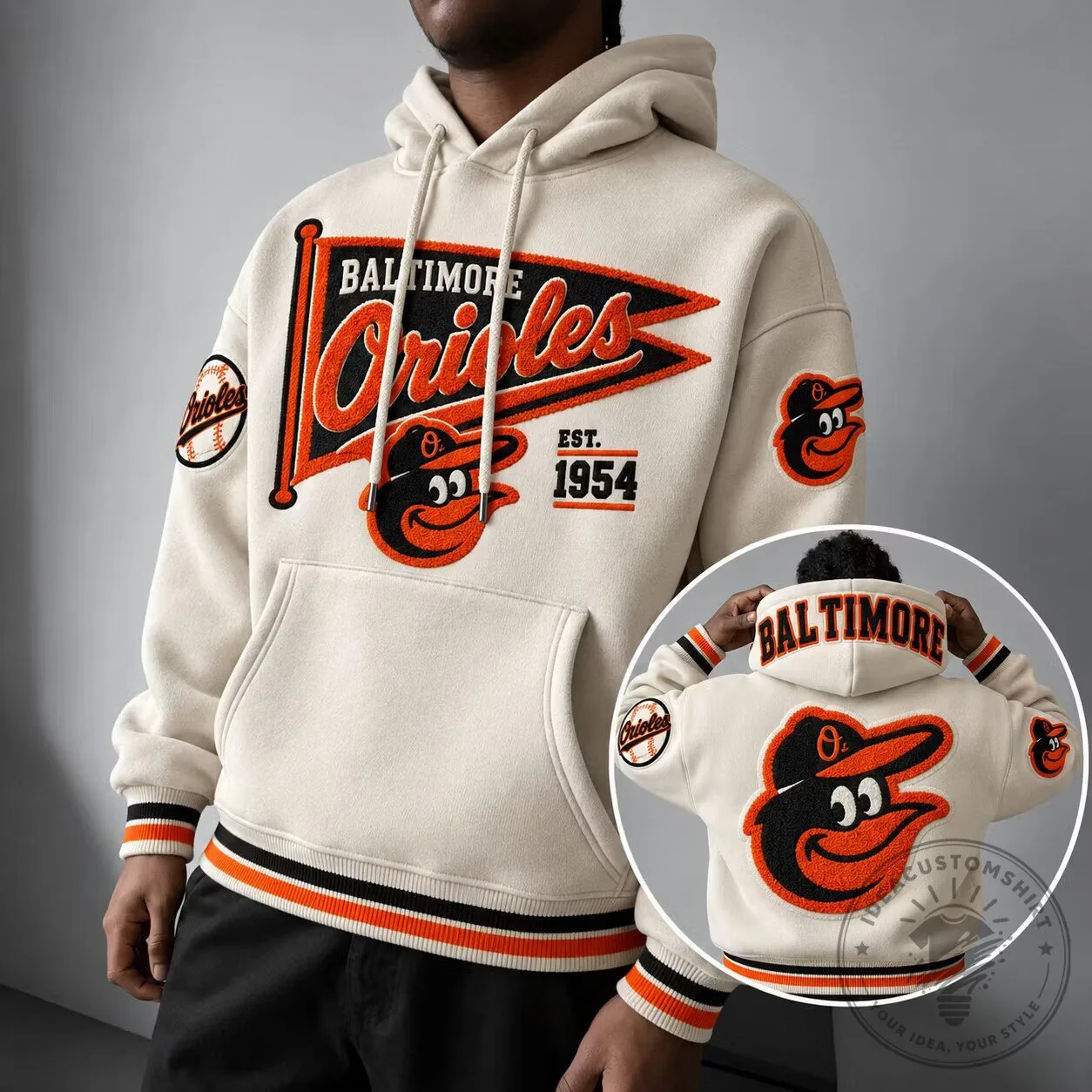 Baltimore Orioles Baseball Team Est 1954 Logo Cream Oversized Hoodie