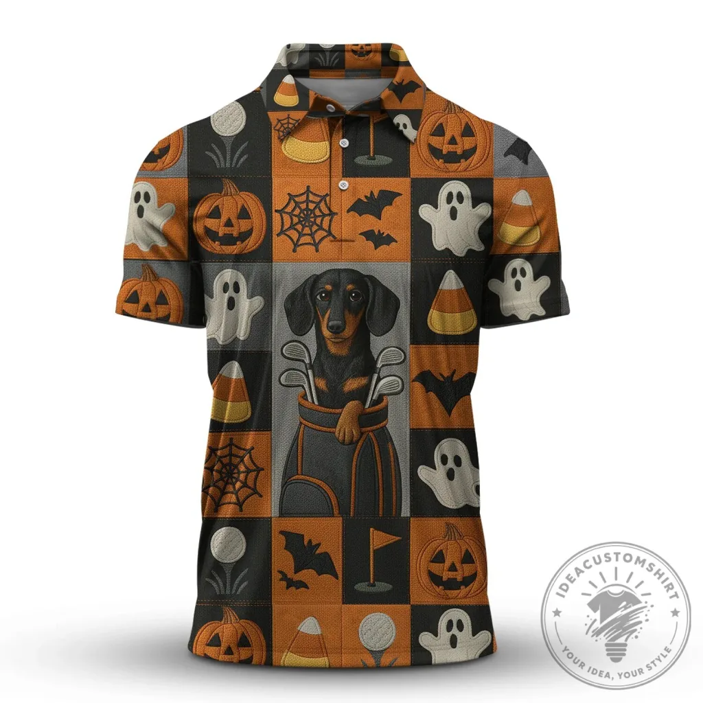 Halloween Lover Shirt Dachshund Golf Polo Shirt For Men, Spooky Dog Pattern Polo Shirt Halloween Lover Shirt Dachshund Golf Polo Shirt For Men, Spooky Dog Pattern Polo Shirt
