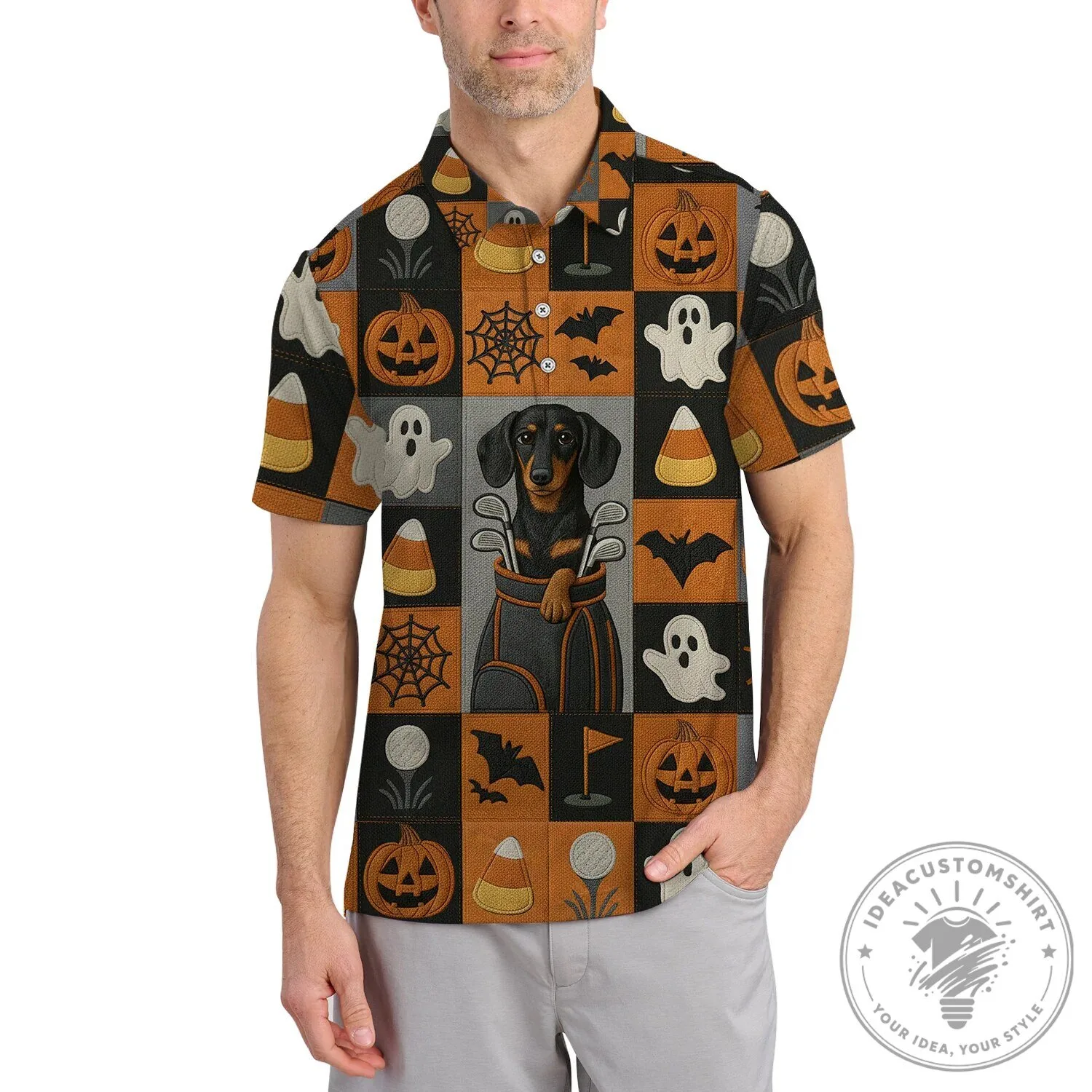 Halloween Lover Shirt Dachshund Golf Polo Shirt For Men, Spooky Dog Pattern Polo Shirt 12 Halloween Lover Shirt Dachshund Golf Polo Shirt For Men, Spooky Dog Pattern Polo Shirt
