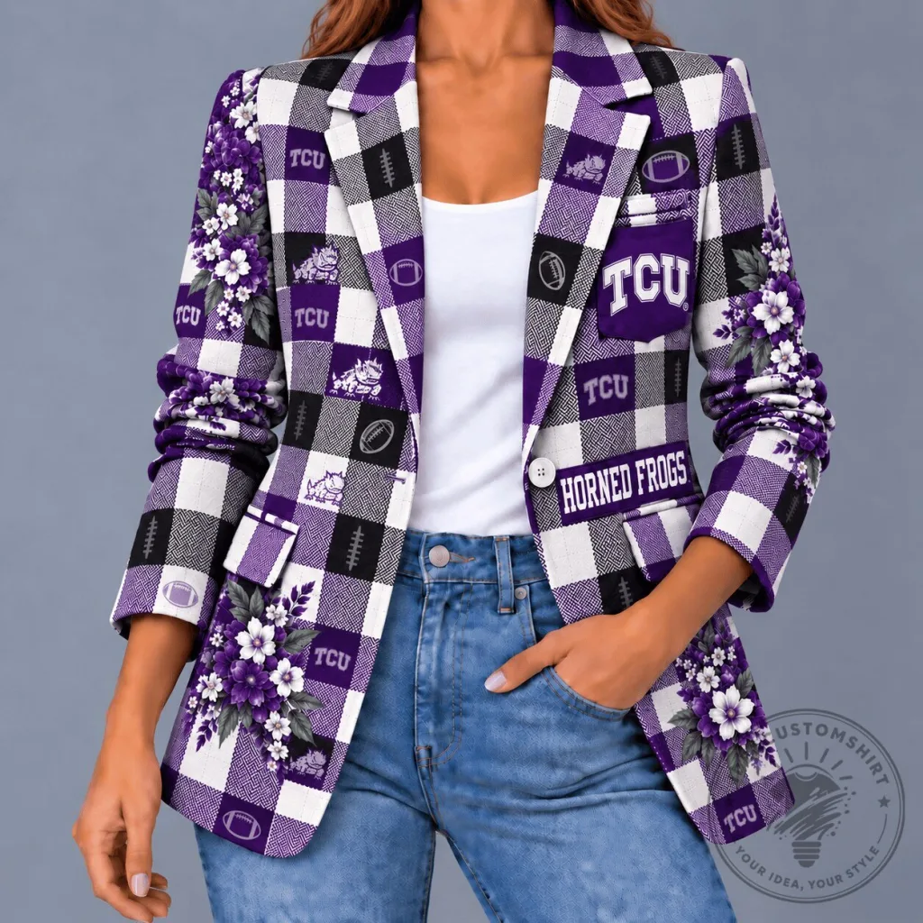 Texas Christian University Horned Frogs Floral Plaid Women's Blazer Jacket Texas Christian University Horned Frogs Floral Plaid Women's Blazer Jacket
