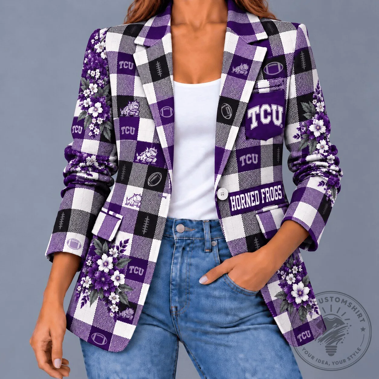 Texas Christian University Horned Frogs Floral Plaid Women's Blazer Jacket