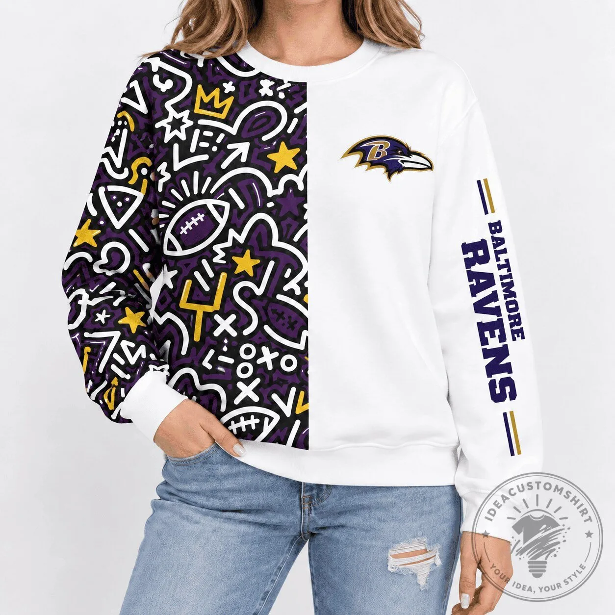Baltimore Ravens Pop Art Doodle Pattern White and Purple Crewneck Sweatshirt