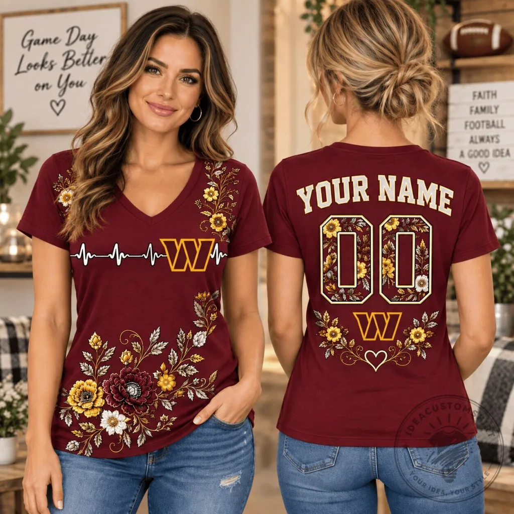 Washington Commanders Personalized V-Neck T-Shirt for Women, Floral Football 1D Fan Shirt Washington Commanders Personalized V-Neck T-Shirt for Women, Floral Football 1D Fan Shirt