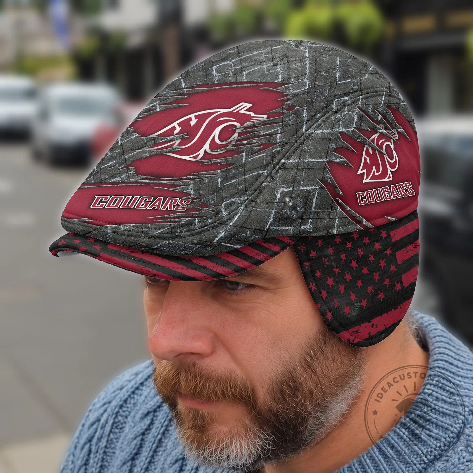 Washington State Cougars Distressed American Flag Flat Cap with Ear Flaps