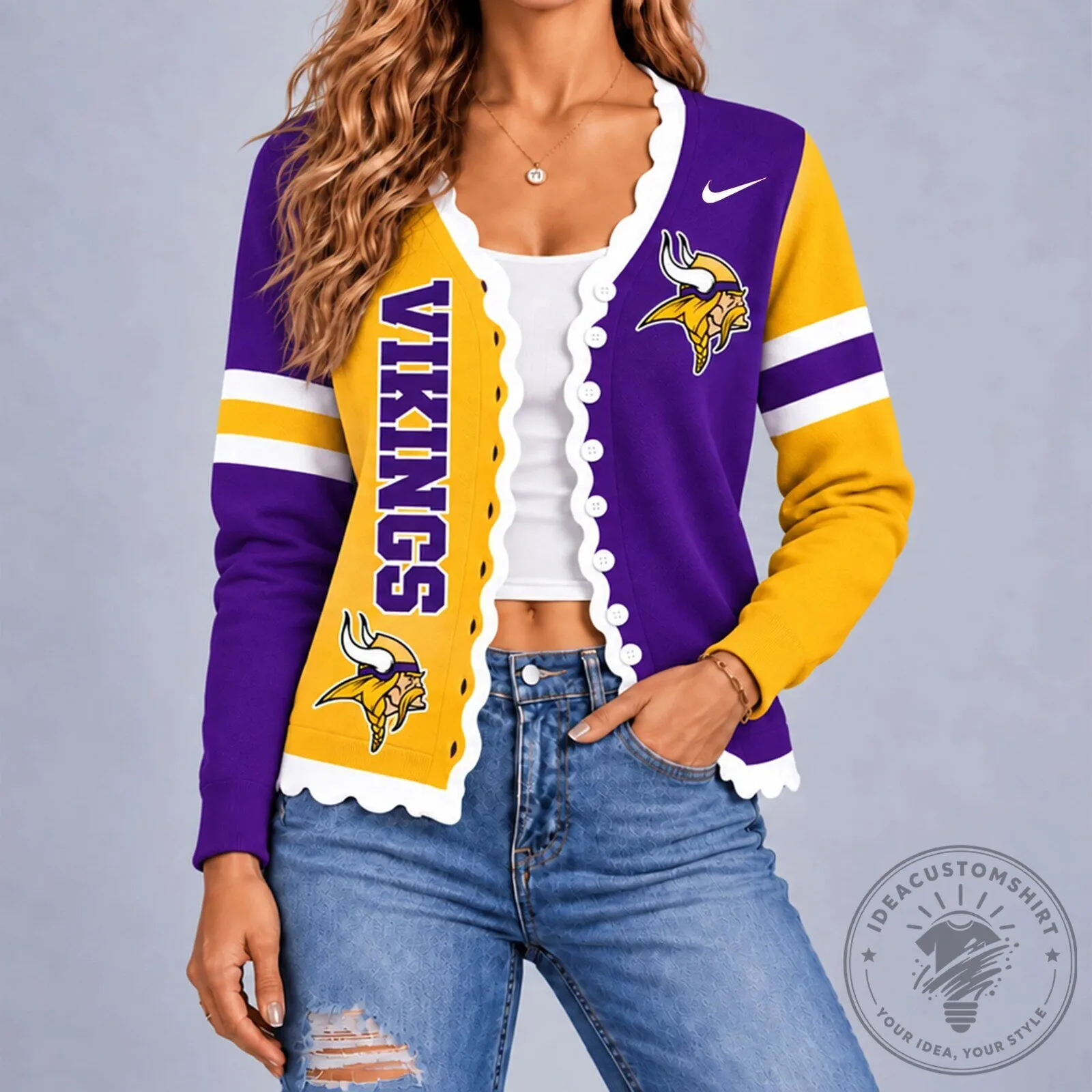 Minnesota Vikings NFL Team Logo Scalloped Cardigan Sweater for Women